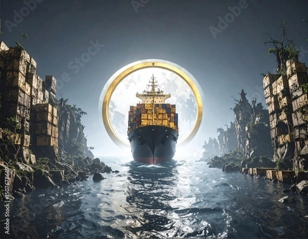 Fototapeta Navigation icon hole towards a mythical cargo container ship in the ocean " ai generator "
