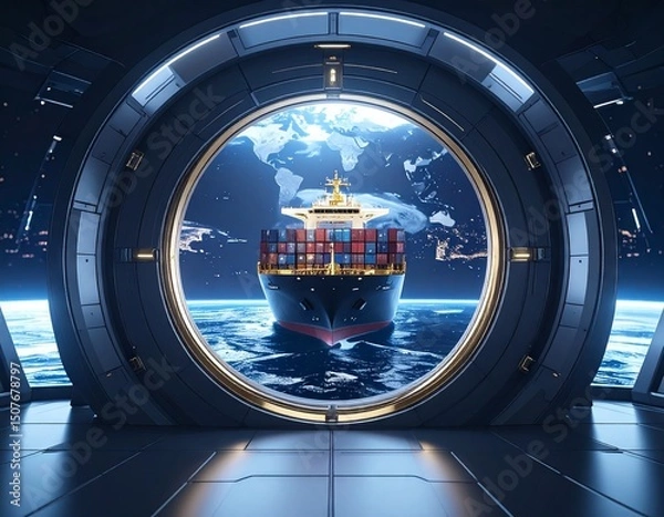 Fototapeta Navigation icon hole towards a mythical cargo container ship in the ocean " ai generator "
