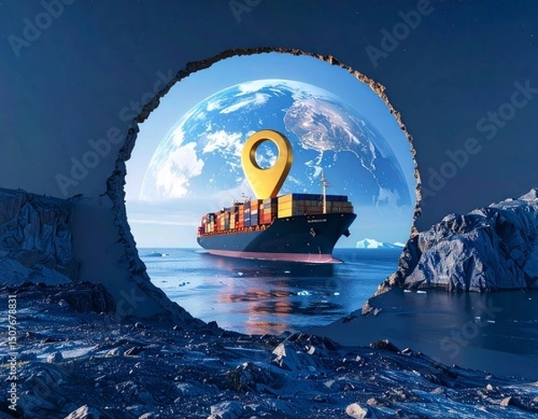 Fototapeta Navigation icon hole towards a mythical cargo container ship in the ocean " ai generator "
