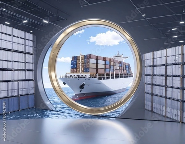 Fototapeta Navigation icon hole towards a mythical cargo container ship in the ocean " ai generator "
