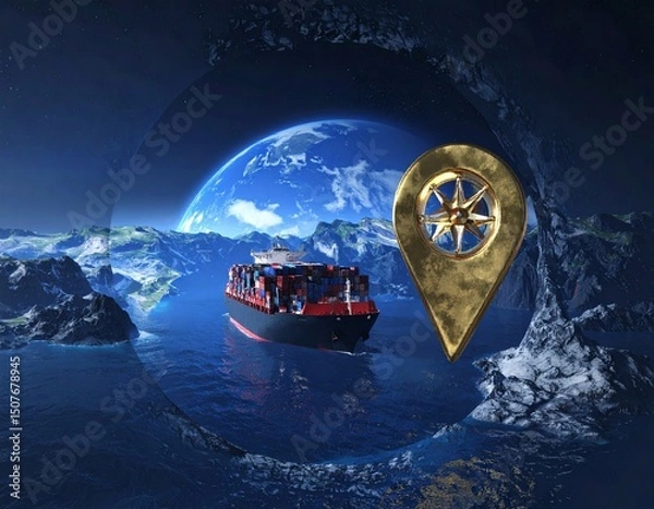 Fototapeta Navigation icon hole towards a mythical cargo container ship in the ocean " ai generator "
