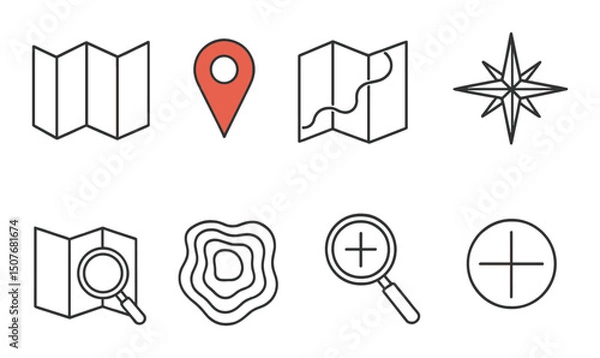 Fototapeta Map navigation icons set – outline, route and location symbols for easy directions