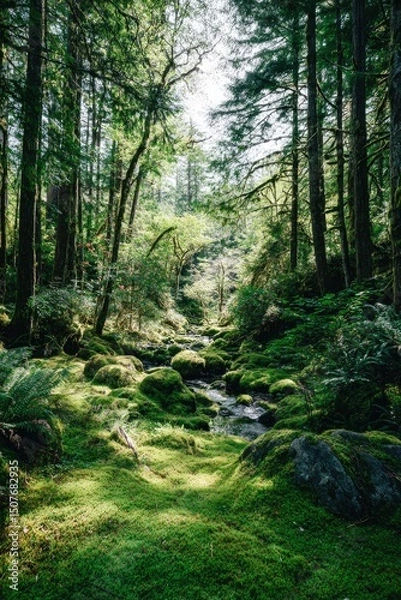 Fototapeta Lush Forest Path With Stream
