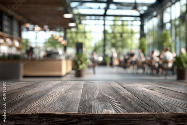 Fototapeta Rustic Wooden Tabletop In A Busy Cafe