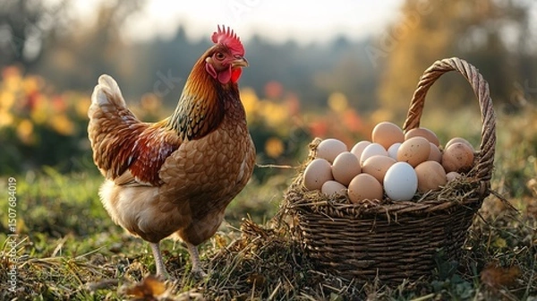 Obraz Brown Hen Near a Basket of Eggs in a Sunny Field