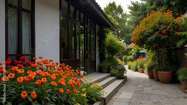 Fototapeta Plant decorative flowers in front of the house.