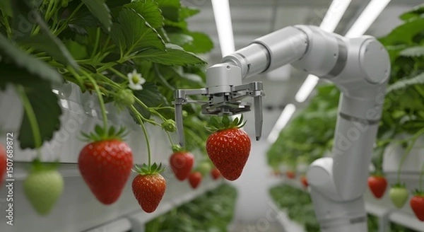 Fototapeta Close-up of a robotic arm picking ripe strawberries in a vertical farm. Macro shot, soft lighting, tech in action.
