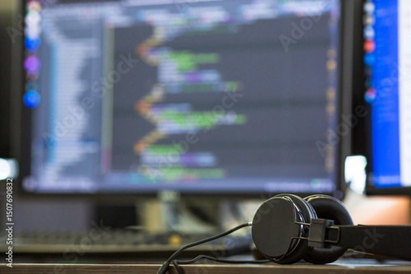Fototapeta Headphones on desk with blurred code on monitor