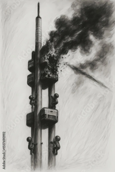 Fototapeta Charcoal strike - A dramatic charcoal drawing of a broadcast tower struck by a cruise missile during a hypothetical war, showing shattered upper sections and climbing sculptures, with stark contrasts 