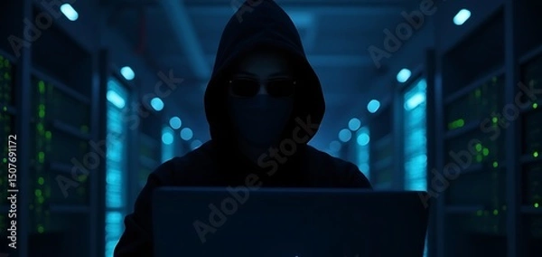 Obraz Cybernetic Intrusion: Hooded Hacker Exploiting Server Room Infrastructure