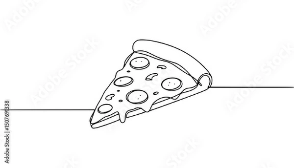 Fototapeta Single line illustration of a slice of pizza, minimalist style, black outlines on a white background.