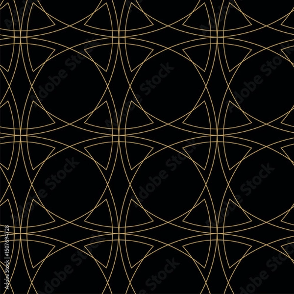 Fototapeta Seamless abstract geometric pattern with gold lines, circles, and shapes on black background. Ideal for fabric, wallpapers, notebooks, gift wrap, packaging, rugs, and branding.