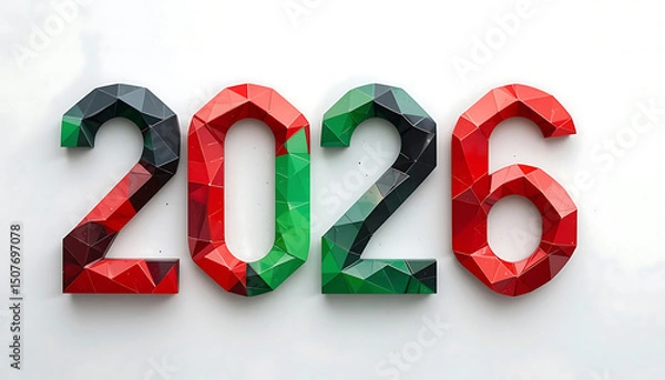 Fototapeta Happy New Year 2026 on white background. colorful polygonal numbers 2026. 3d 2026 text. Idea for holiday greetings, banner, social media, flyer, New Year events, festive designs. colorful number