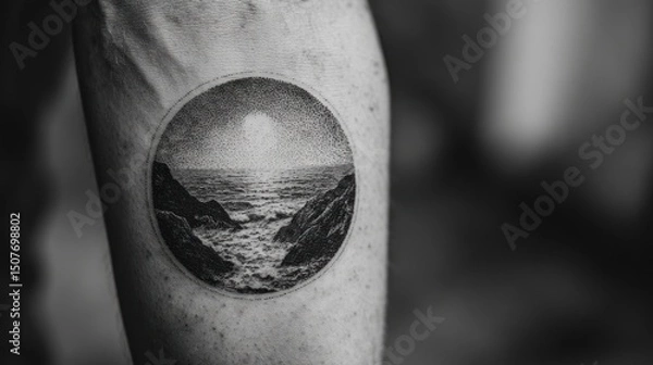 Obraz Arm tattoo featuring a detailed ocean view with rocky cliffs and sunlight