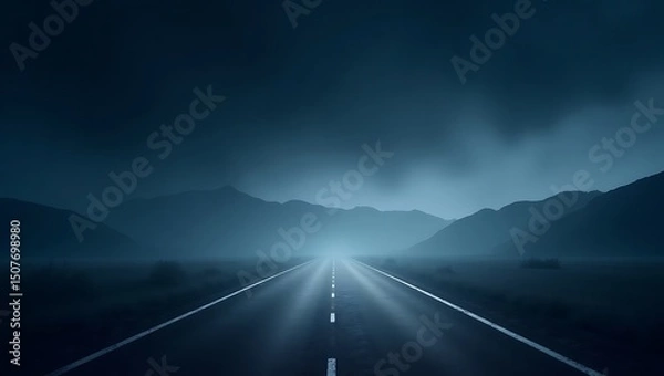 Fototapeta Eerie open road stretches toward distant mountains beneath a shrouded sky