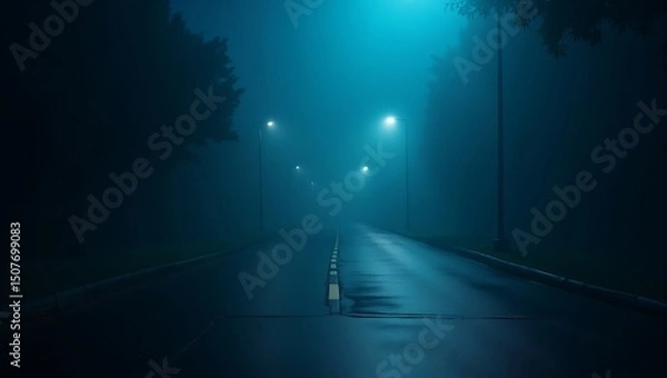 Fototapeta Eerie road illuminated by streetlights disappearing into a dense fog