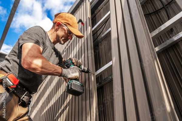 Fototapeta Construction Worker Installing Lamella Composite Panels on a Building During a Sunny Day in a Suburban Area