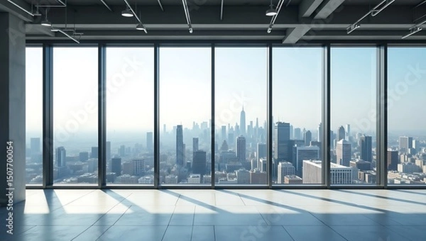 Fototapeta Modern interior architecture with panoramic city view in office building