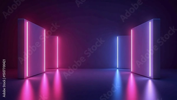 Fototapeta Illuminated geometric forms casting vibrant reflections in a moody space