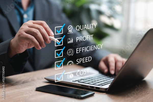 Fototapeta Management strategy planning, Cost and quality performance management, Improvement concept, Businessman sets key points for business work, Indicating increased quality, Speed, Efficiency, Reduced cost