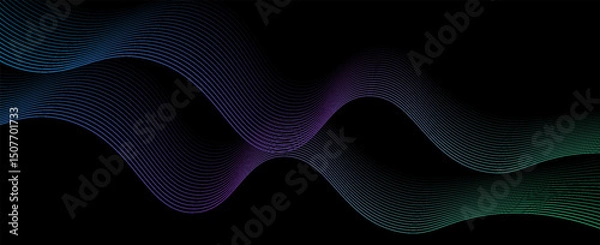 Fototapeta Dark abstract background with shining waves. Shiny moving lines design element. Modern blue, purple and green gradient flowing wave lines. vector
