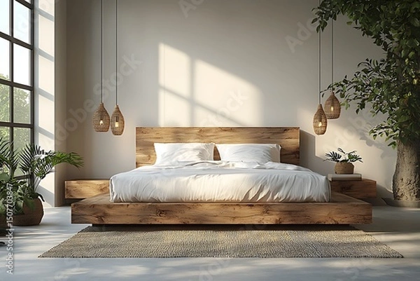Fototapeta Warm wooden furniture bedroom style high resolution photo
