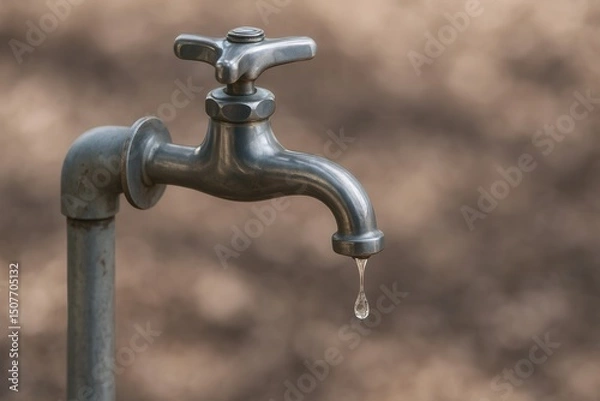 Fototapeta A close-up of an old metal faucet with a water droplet hanging from the spout, symbolizing a potential leak