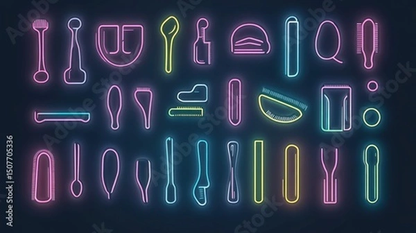 Fototapeta Neon-colored outlines of various kitchen and household items