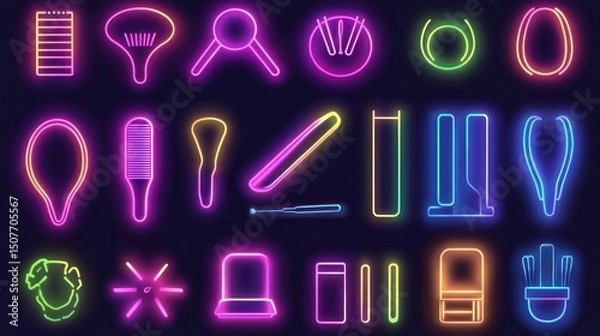 Fototapeta Neon-colored, outlined icons of various tools and objects