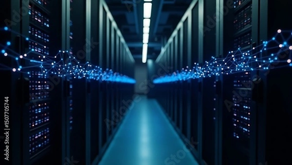 Fototapeta Server Room Data Center Connectivity with Abstract Network Visualization