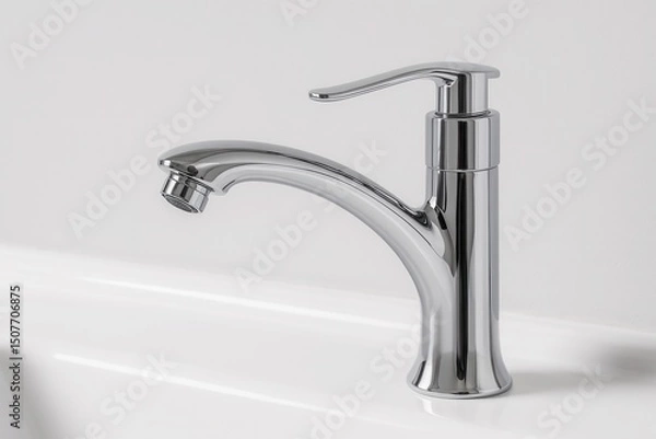 Fototapeta A close-up of a sleek chrome faucet with a curved spout, ideal for modern bathroom and kitchen designs