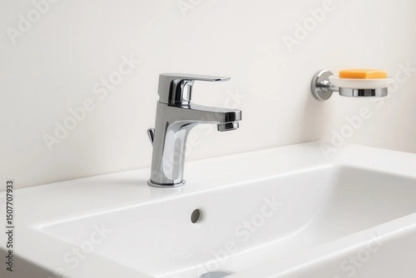 Obraz A close-up of a modern chrome faucet on a white sink, highlighting its sleek, minimalist design and smooth lines