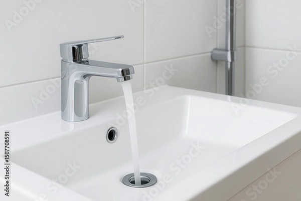 Fototapeta A close-up image of a modern faucet with running water, showcasing sleek bathroom design and efficient water flow