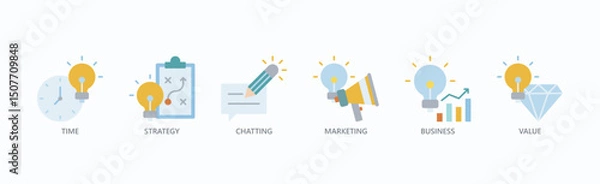 Obraz Strategic Business Synergy Icon Set Isolated Vector Illustration Concept With Icon Of Time, Strategy, Chatting, Marketing, Business, Value In Flat Style
