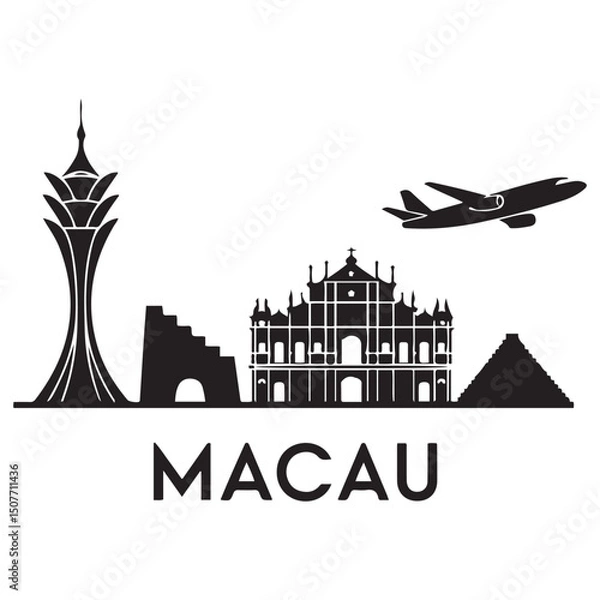 Obraz Vector Macau skyline. Travel Macau famous landmarks. Business and tourism concept for presentation, banner, web site. Vector black silhouette. with white background