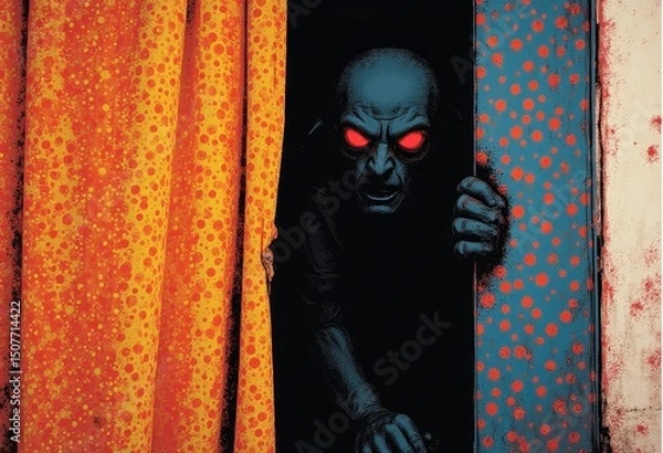 Fototapeta Mysterious Figure with Intense Red Gaze Behind Curtain, Spooky and Haunting Illustration