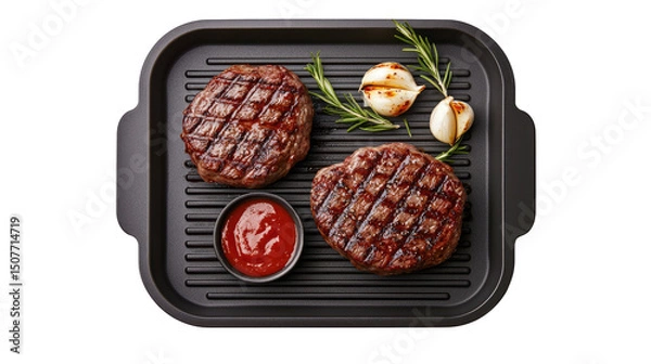 Fototapeta Grilled Steak with Barbecue Sauce on a Pan Top View