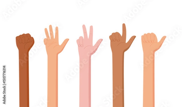 Fototapeta Finger count set in cartoon graphic style shows various numbers. Gesture and bare arm illustrations present different ways to count and are perfect for educational elements. Flat people style suits