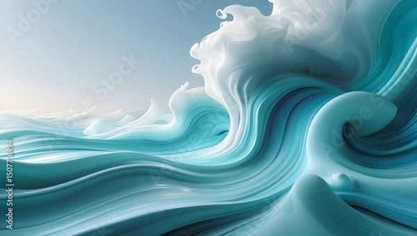 Fototapeta Dynamic teal and white ocean waves, abstract flowing liquid art, ideal for copy space, World Oceans Day inspiration