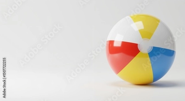 Fototapeta Colorful striped beach ball with red, yellow, blue, and white panels, isolated on a clean white studio background. Summer vacation, play, and fun concept. Inflatable toy for beach or pool activities.