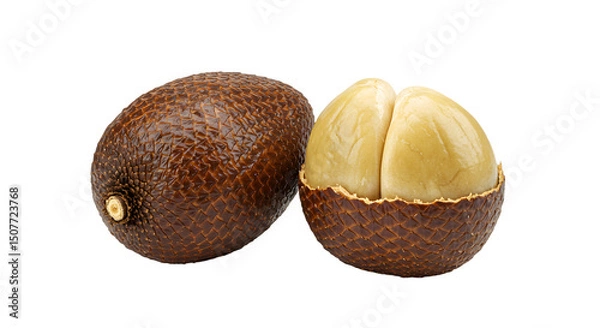 Fototapeta Two Snake Fruits (Salak) on a Warm Brown Background, One Whole and One Partially Peeled, Offering a Glimpse of the Creamy Pulp