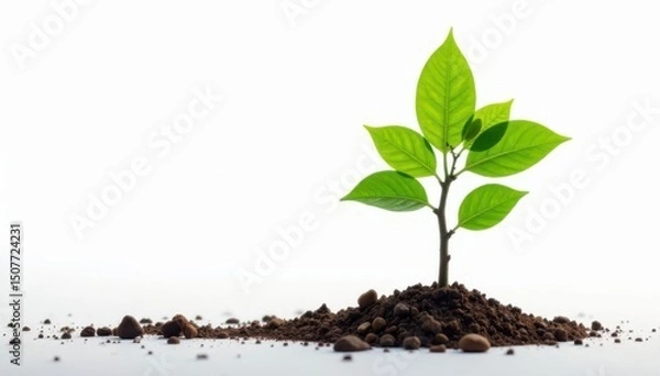 Fototapeta Single tree sapling, vibrant green leaves, stark white, growth, vertical