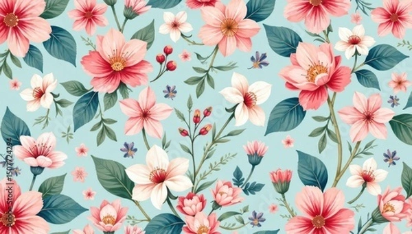 Fototapeta Small scale repeating floral print, pastel hues , subtle, flowers