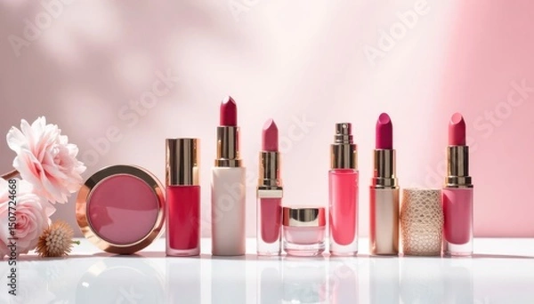 Fototapeta Luxury cosmetics displayed on white background, design, items