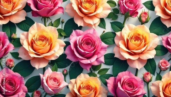 Fototapeta Bold blooming roses in repeating geometric pattern, fabric, decorative