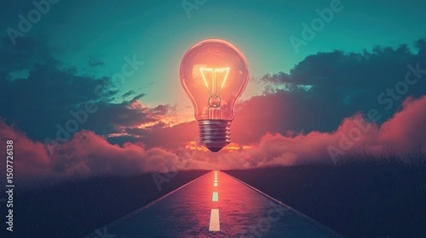 Fototapeta Bright Light Bulb Over a Road Symbolizing a Journey to the Future