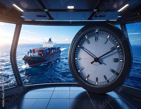 Fototapeta A cargo ship on the ocean over time, a concept of on-time delivery of cargoes, " ai generator "