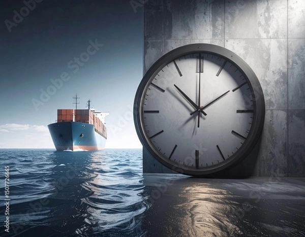 Fototapeta A cargo ship on the ocean over time, a concept of on-time delivery of cargoes, " ai generator "
