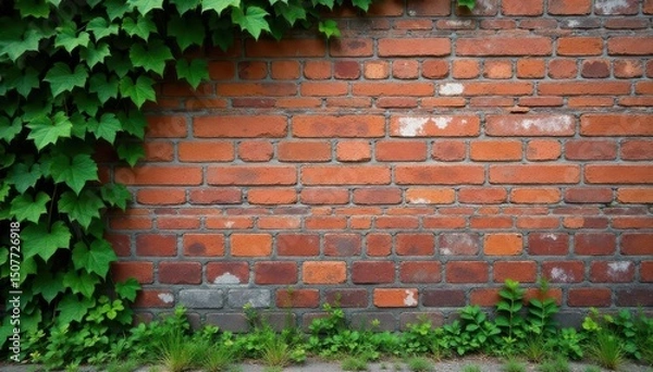 Fototapeta Rustic brick wall with ivy, showing age and wear , vine, vintage