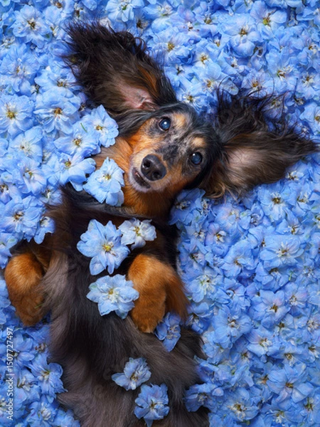 Fototapeta Close up view of a cute longhair dachshund dog lying on its back and looking up, lying on a bed of a blue delphinium flowers